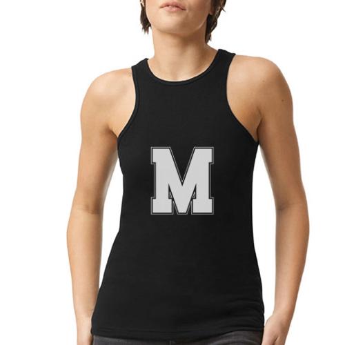 White Letter M – Varsity Alphabet Monogram - American Apparel Women’s Racerneck Tank