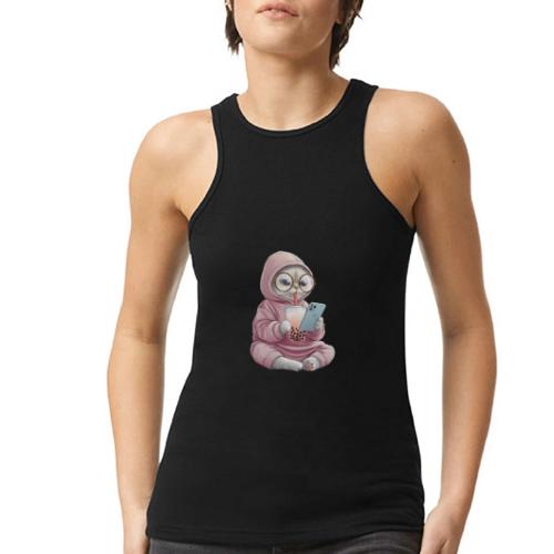 Cool Cat Bubble Tea Cartoon Design - American Apparel Women’s Racerneck Tank