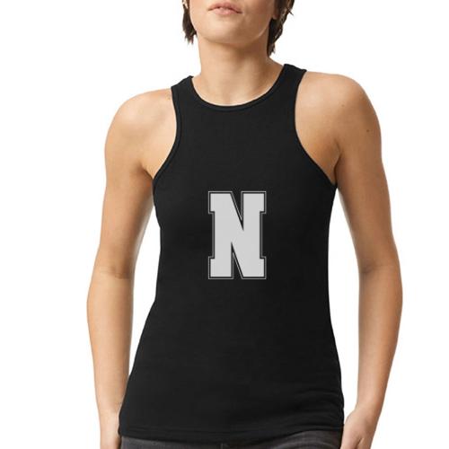 White Letter N – Varsity Alphabet Monogram - American Apparel Women’s Racerneck Tank