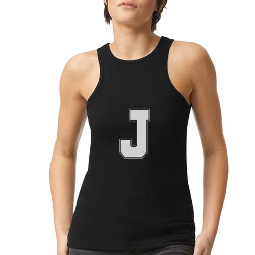 White Letter J – Varsity Alphabet Monogram - American Apparel Women’s Racerneck Tank