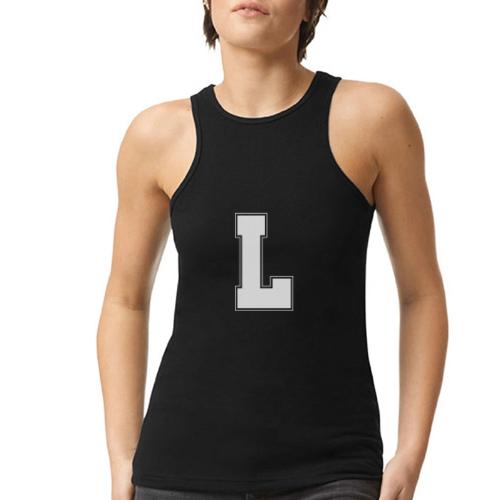 White Letter L – Varsity Alphabet Monogram - American Apparel Women’s Racerneck Tank