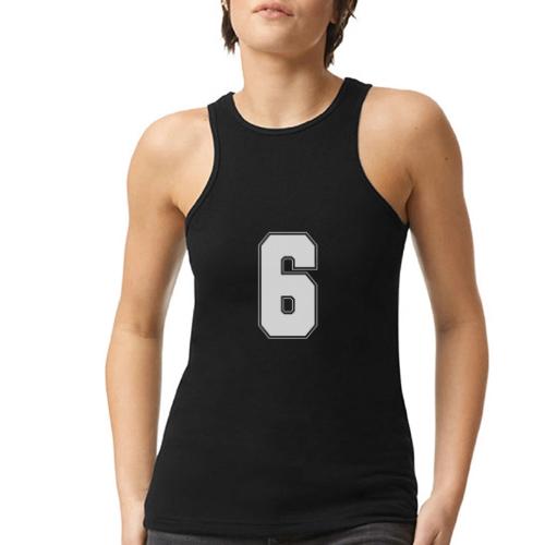 White Number 6 – Varsity Font - American Apparel Women’s Racerneck Tank