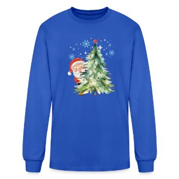 Peekaboo Santa Behind Christmas Tree Holiday Graph - Men's Long Sleeve T-Shirt - royal blue - Front