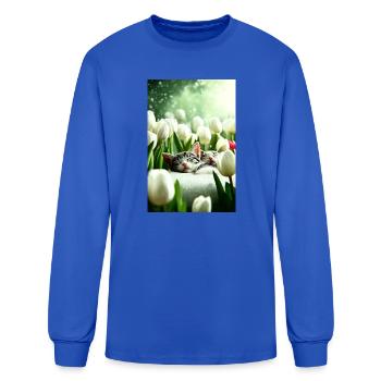 Cute Sleeping Kittens in White Tulips Garden Art,  - Men's Long Sleeve T-Shirt - royal blue - Front