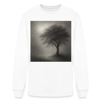 Moody Grayscale Tree – Fog & Falling Leaves Art - Men's Long Sleeve T-Shirt - white - Front