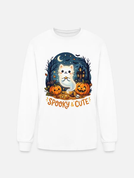 Spooky Cute Ghost Cat Halloween - Men's Long Sleeve T-Shirt - white