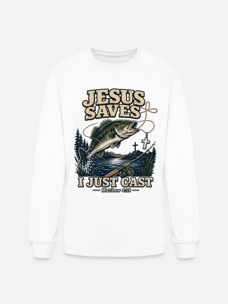 Jesus Saves I Just Cast Christian Fishing - Men's Long Sleeve T-Shirt - white