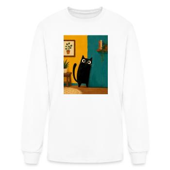 Black Cat Peeking Around Corner Cute Whimsical - Men's Long Sleeve T-Shirt - white - Front