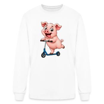 Funny Pig on Scooter Cartoon Farm Design - Men's Long Sleeve T-Shirt - white - Front