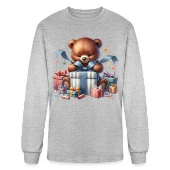 Birthday Gift Surprise – Teddy in a Present Box - Men's Long Sleeve T-Shirt - heather gray - Front