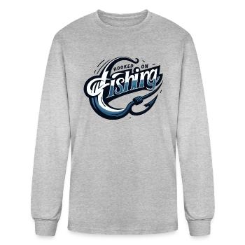 Sleek 'Hooked on Fishing' Modern Graphic Design - Men's Long Sleeve T-Shirt - heather gray - Front
