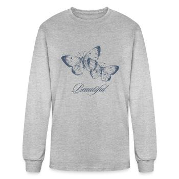Dark Blue White Beautiful Butterfly T Shirt - Men's Long Sleeve T-Shirt - heather gray - Front