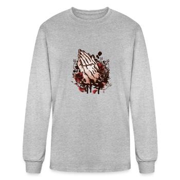 two hands praying with rosary and roses - Men's Long Sleeve T-Shirt - heather gray - Front