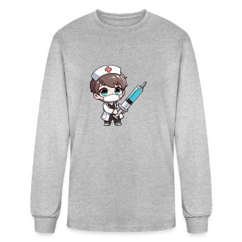 Chibi Nurse Cartoon - healthcare, chibi, nurse - Men's Long Sleeve T-Shirt - heather gray - Front