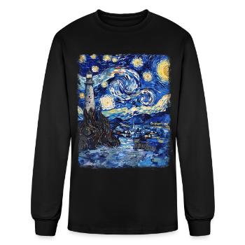 Lighthouse Seaside Starry Night Painting - Men's Long Sleeve T-Shirt - black - Front