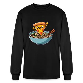Kawaii Salami Pizza Dancing in Ramen Noodle Soup - Men's Long Sleeve T-Shirt - black - Front