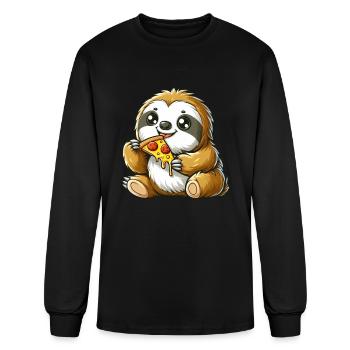 Cute Sloth Enjoying Pizza Cartoon - Men's Long Sleeve T-Shirt - black - Front