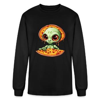 Green Alien Enjoying Salami Pizza - Men's Long Sleeve T-Shirt - black - Front