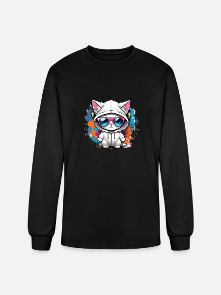cute cat enjoying music - Men's Long Sleeve T-Shirt - black