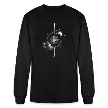 Sketched Compass, Mountain & Night Sky - Men's Long Sleeve T-Shirt - black - Front