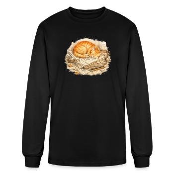Cute Sleeping Ginger Cat on Newspapers Watercolor  - Men's Long Sleeve T-Shirt - black - Front