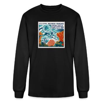 Vintage French Polynesia Spearfishing Stamp Art - Men's Long Sleeve T-Shirt - black - Front