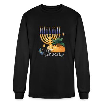 Happy Hanucat, Watercolor Cat Art Hanukkah Cat - Men's Long Sleeve T-Shirt - black - Front