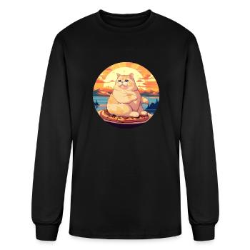 Sunset Feast: Plump Cat Enjoys Pizza - Men's Long Sleeve T-Shirt - black - Front