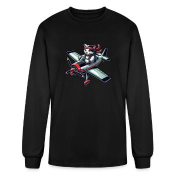 Cat Pilot Propeller Airplane Flying - Men's Long Sleeve T-Shirt - black - Front