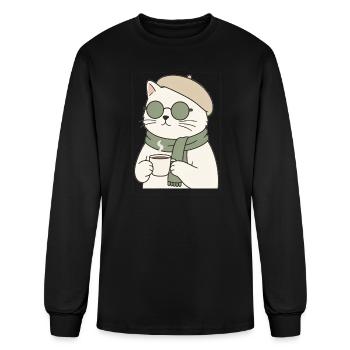Cozy Winter Cafe Cat Vector Art - Men's Long Sleeve T-Shirt - black - Front
