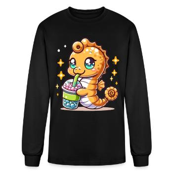 Kawaii Sea Horse Enjoys Bubble Tea Sea Animal Boba - Men's Long Sleeve T-Shirt - black - Front