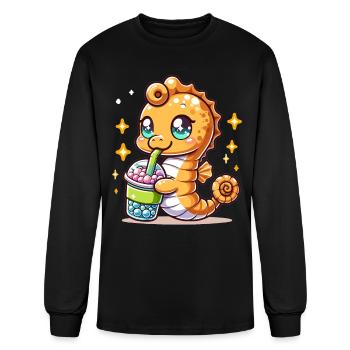 Kawaii Sea Horse Enjoys Bubble Tea Sea Animal Boba - Men's Long Sleeve T-Shirt - black - Front