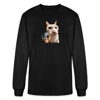 Cat With Gun Funny Meme  | Serious White Cat - Men's Long Sleeve T-Shirt - black - Front