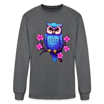 Fantasy Blue Owl on a Blossoming Branch - Men's Long Sleeve T-Shirt - charcoal - Front