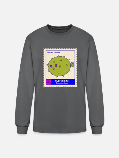 Kawaii Cute Kissy Pufferfish Ocean Stamp - Men's Long Sleeve T-Shirt - charcoal