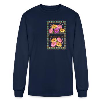 Flowers Zinnias, Turquoise and Coral - Vintage - Men's Long Sleeve T-Shirt - navy - Front