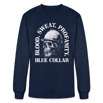 Worker Skull Blood Sweat Profanity Blue Collar - Men's Long Sleeve T-Shirt - navy - Front