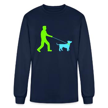 Dog Owner Man Takes a Happy Leash Walk Silhouette - Men's Long Sleeve T-Shirt - navy - Front