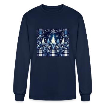 blue and white flannel christmas trees holiday - Men's Long Sleeve T-Shirt - navy - Front