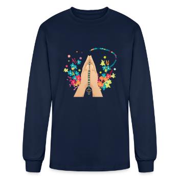 Praying hands with rosary and flowers - Men's Long Sleeve T-Shirt - navy - Front