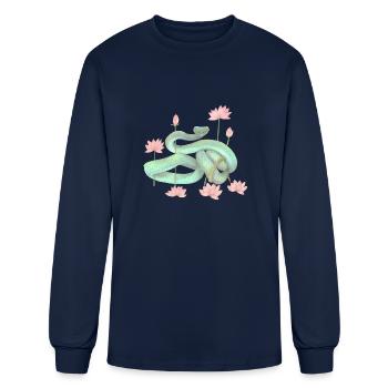 Transcendence - Green Snake and Lotus Flowers - Men's Long Sleeve T-Shirt - navy - Front