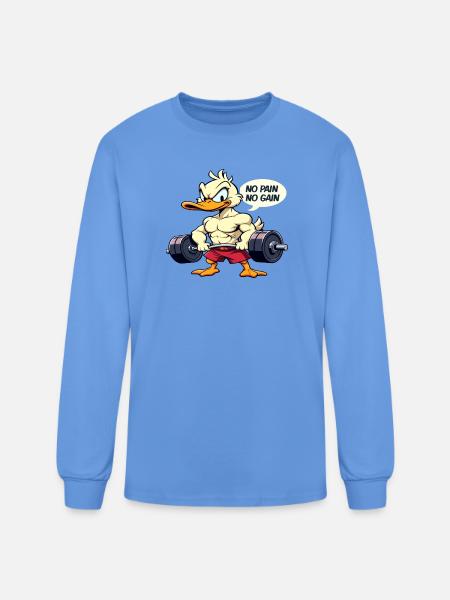 Buff Duck No Pain No Gain Gym Workout Cartoon - Men's Long Sleeve T-Shirt - carolina blue