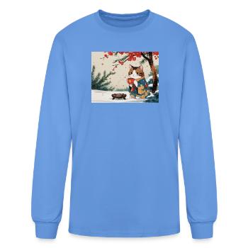 Kimono Cat Amid Plum Blossoms and Tea - Men's Long Sleeve T-Shirt - carolina blue - Front