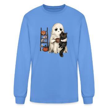 Drôle bof, chat fantôme Chat noir effrayant Halloween - T-shirt à manches longues Homme - bleu caroline - Devant