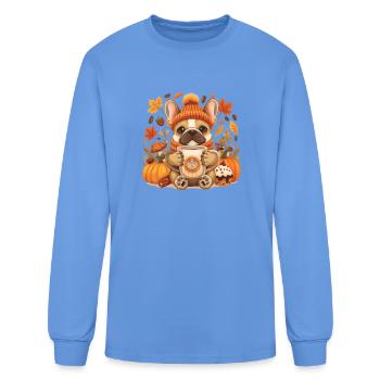 Autumn French Bulldog Pumpkin Spice Coffee - Men's Long Sleeve T-Shirt - carolina blue - Front
