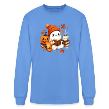 Halloween Coquette Ghost Reading Pumpkin Owl - Men's Long Sleeve T-Shirt - carolina blue - Front