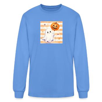 Watercolor Ghost with Pumpkin Balloon - Men's Long Sleeve T-Shirt - carolina blue - Front