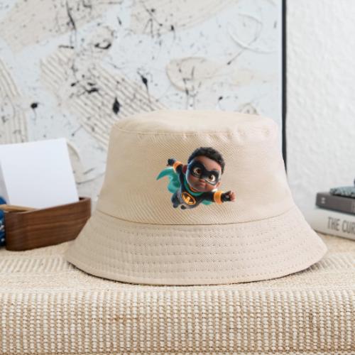 Brave Cartoon Superhero Boy in Green Cape - Kid's Bucket Hat