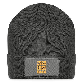 BMX Jump Silhouette Grid (orange and black design) - Patch Beanie - charcoal grey - Front