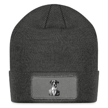 Minimalist Dog Wearing Suit and glass - Patch Beanie - charcoal grey - Front